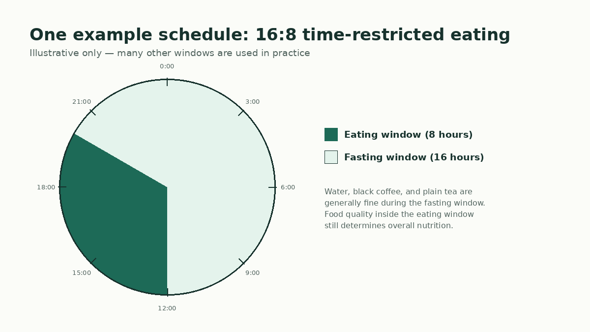 24-hour clock showing a 16:8 schedule, with an 8-hour eating window and a 16-hour fasting window